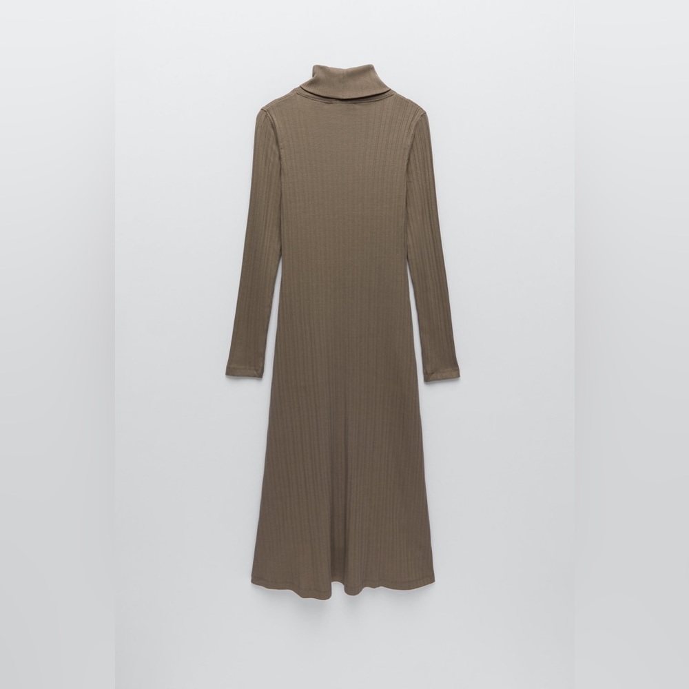 Zara Taupe Ribbed Turtleneck Long Sleeve Midi Dress